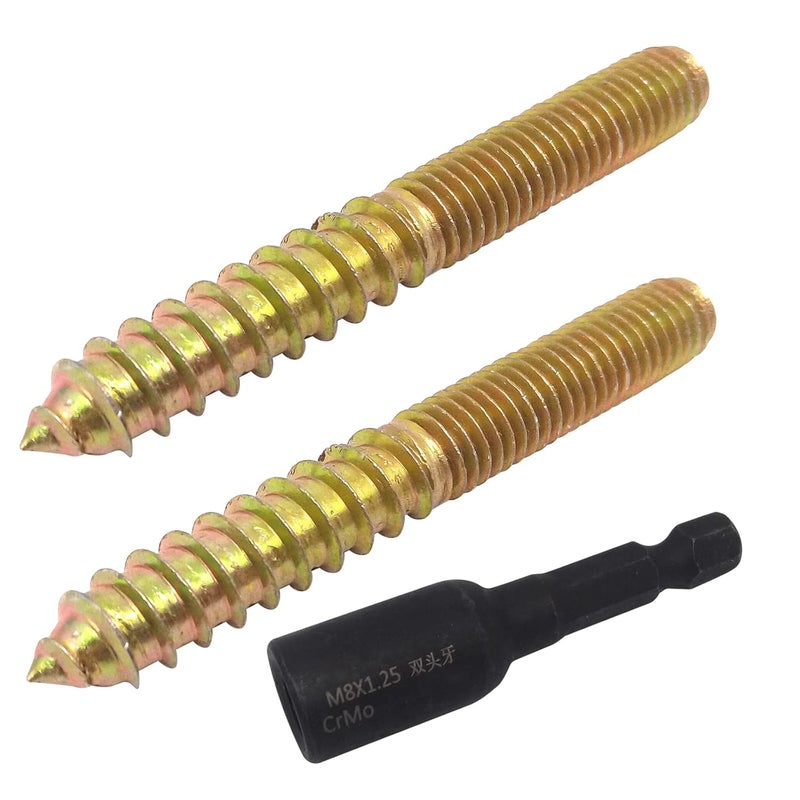DGZ 10Pcs Hanger Bolts Double Headed Bolts Kit, Gold, Flat Head, Steel, M8x1.25mm, 65mm, with Driver - Image 1